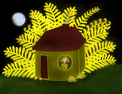 Artist and a Golden Fern artist digital illustration fern mistery house moon night procreate