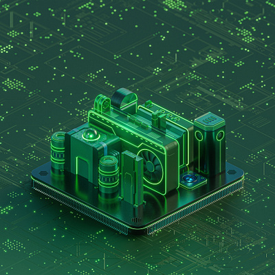 Graphic card city - 3D isometric illustration 3d 3d art amd blender branding chip dark design gpu green illustration isometric art low poly motherboard nvidia ray tracing rtx ui