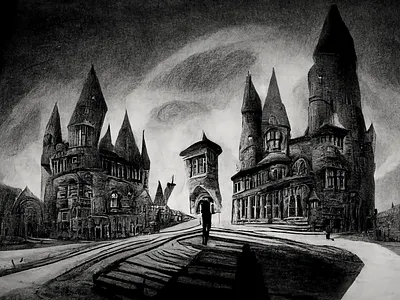 Hogwarts re imagined in Tim Burton Style editing generative art photoshop