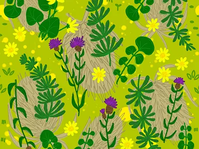 Weeds digital green illustration pattern purple weeds yellow