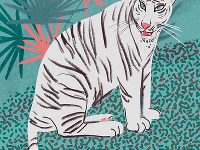 White tiger poster on turquoise background with Palm leaves 2d abstract animal big cats book illustration cat design digital art editorial for man graphic graphic design illustration modern procreate tiger turquoise white tiger