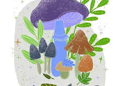 Mushrooms and leaves digital illustration leaves mushrooms