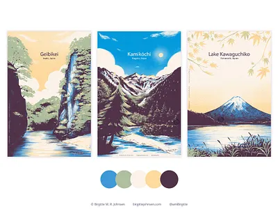 Japanese landscape posters art design destination poster destinations digital illustration huely huely 2022 huely challenge illustration japan limited colour palette limited colours poster poster design