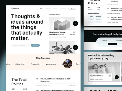 Wancana - Blog Platform Website Design article black blog blog page blogger clean cms editorial footer header landing page modern monochrome news post stories ui design uiuxdesign website wordpress