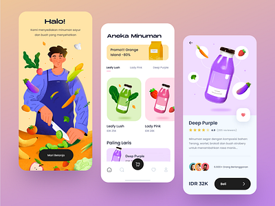 Vegetable and Fruit Drinks App Exploration app color design drawing drink fruits health illustration mobile app procreate texture ui ux vegetables