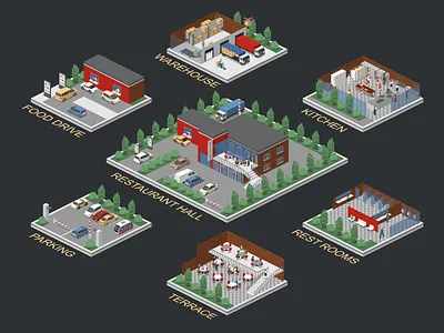 Restaurant Zones 2.5d illustration isometric map restaurant template vector