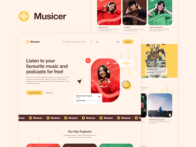 Musicer - Landing Page Music & Podcast Platform figma landing page landing page design landing page music listening music mockup music podcast ui ui design ui designer ui visual uiux user experience design user interface design ux ux design ux designer web design