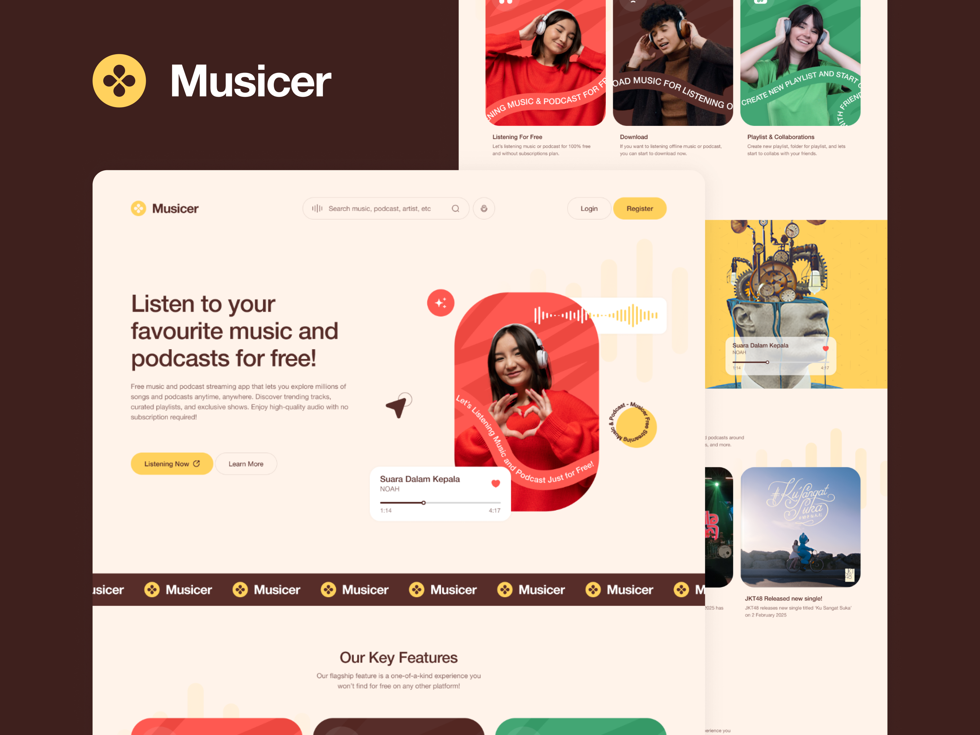 Musicer - Landing Page Music & Podcast Platform figma landing page landing page design landing page music listening music mockup music podcast ui ui design ui designer ui visual uiux user experience design user interface design ux ux design ux designer web design