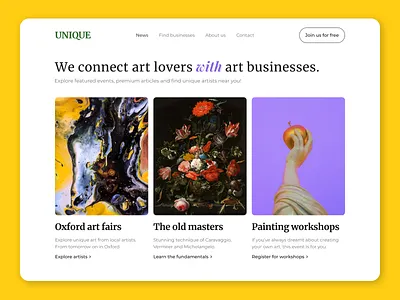 UNIQUE – platform for art lovers and art businesses art articles design graphic design hero section minimalism simple ui ux web design website