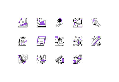 Icons set clock computer hand icon lineart set stairs vector violet