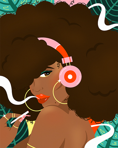 Jammin' art black art black woman bright color character cool flat illustration graphic design illustration music smoking tropical weed woman women