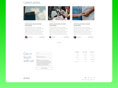 Ninto website footer blog bottom contact cta design flat footer form green illustration landing links message minimal ninto page ui ux vector website
