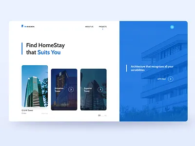 Real Estate Landing Page UI Concept blue cards booking builders website building cityscape concept project construction website design home landing screen property real estate ui ux