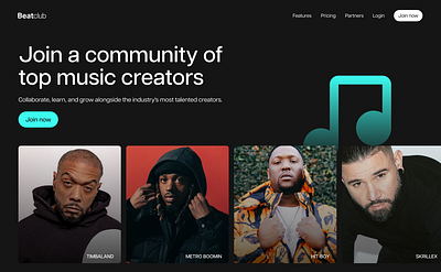 Beatclub Redesign artists blue community cyan dark dark mode hero hero design hero section modern music music platform trendy web design website design