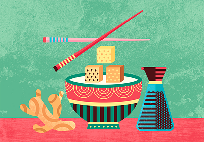 Tofu and soy sauce 2d abstract adobe illustrator asian food chopsticks design editorial design flat design geometric ginger graphic design illustration japanese food oriental pattern soy sauce texture tofu vector vegetarian