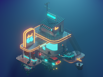 Low Polly gas station. 3d art design flat gas station illustration low polly taxi