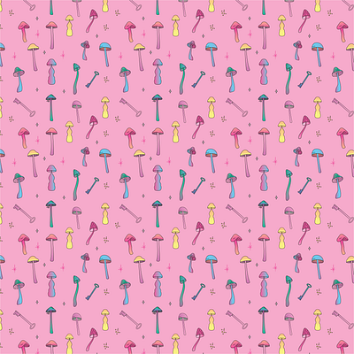 Psychedelic Mushroom Seamless Repeat Pattern apparel design branding design graphic design illustration mushroom mushrooms packaging design pattern pattern design patterns pink psychedelic psychedelic art repeat seamless shrooms vector