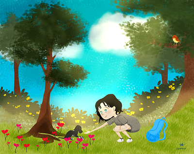 Sad girl finds a best friend cartoon character design children illustration