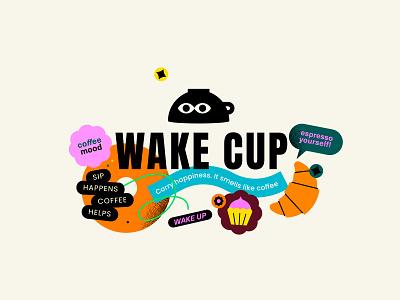 Wake Cup Coffee - Brand Identity brand branding cartoon style coffee coffee shop colourful croissant cup design dessert identity illustration logo logotype package packaging pouches stickers vector