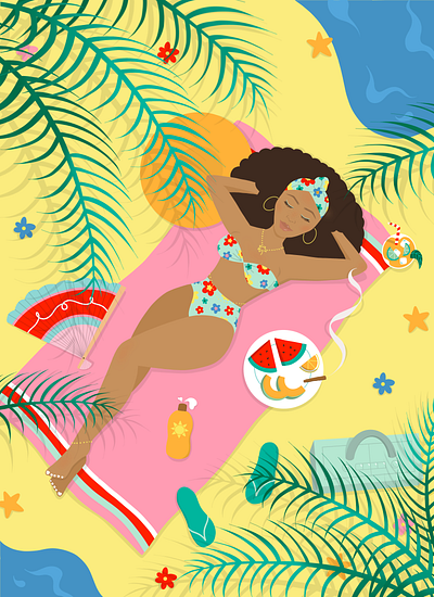 Island Girl art beach black art bright color character flat illustration girl good vibes graphic design illustration island summer tropical woman