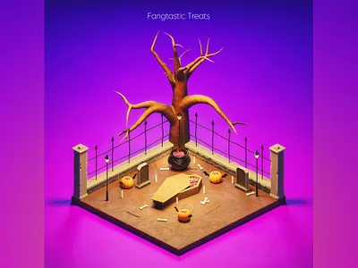Fangtastic treats - Halloween illustration 3d 3d art blender candy coffin design graveyard halloween illustration isometric art low poly october pink pumpkin purple treats tree ui witch