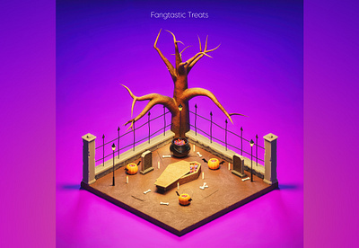 Fangtastic treats - Halloween illustration 3d 3d art blender candy coffin design graveyard halloween illustration isometric art low poly october pink pumpkin purple treats tree ui witch