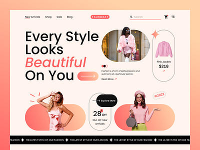 AURORA - Fashion Landing Page app clean clothing design fashion fresh gradation landing page modern pink slab slabdesign store stylish ui uiux