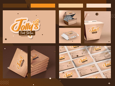 Jolly's Food Station Logo and Brand Guidline Design approne design burger box business card chef hat logo company identity detailing logo digital illustration flat food logo food market logo logo branding napkin design noodles box packaging pizza box retaurent logo vector wordmark logo