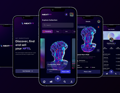 Nextft - NFT Marketplace app design dark design nft design figma marketplace mobile mobile app design nft nft app design nft bidding app design nft biding app nft design nft market nft marketplace nft mobile app nft mobile app design nftmarketplalce uiux uiux design xd