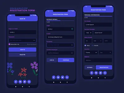 Sign in & Multi-step Registration Form | Dark Theme app dark mode flat input fields mobile multi step registration registration sign in social media icons ui ux