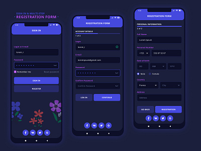 Sign in & Multi-step Registration Form | Dark Theme app dark mode flat input fields mobile multi step registration registration sign in social media icons ui ux