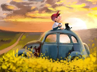 Sunset animal art boy car cat character illustration sunset