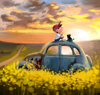 Sunset animal art boy car cat character illustration sunset