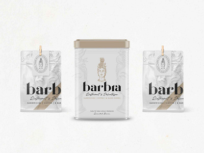 Barbra Restaurant & Delicatessen coffee packaging coffeeshop design etching graphic design illustration label label design logo packaging design