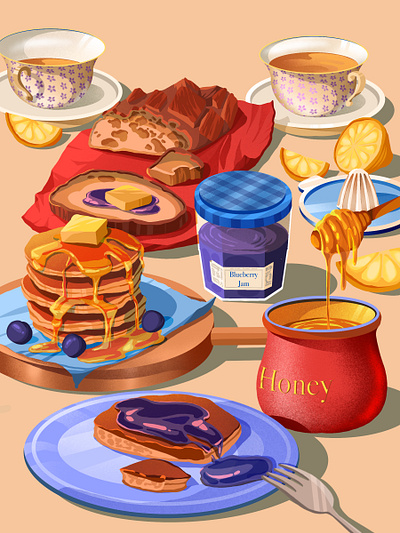 Pancakes for the morning artwork blueberries breads butter coffee food food art honey illustration art jam lemon morning pancakes poster posters tea toast