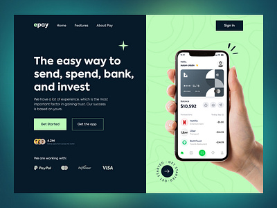 E-pay Mobile-Banking Landing Page 💳 bank card banking banking website banks credit card dark mode finance finance landingpage fintech header design header ui landing page minimal deisgn mobile app mobile bank mobile banking modern design online banking uidesign visual identity