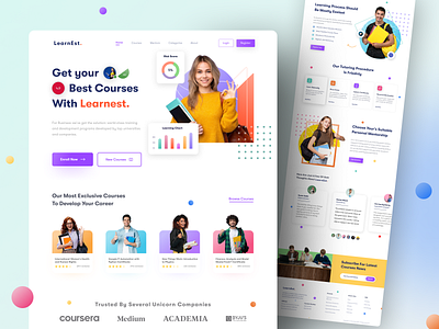 LearnEst. || E-Learning Platform Landing Page branding career development certificate program courses landing page e learning platform edtech eduction elearning footer header hero illustration logo online program online training skill learning ui ux vector webpage