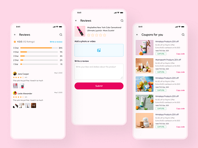 Cosmetics app - Coupons and User Reviews app app design beauty beauty products clean ui cosmetics coupons ecommerce feedback minimal mobile app mobile app design online beauty store online store products salon startup testimonial uiux user reviews