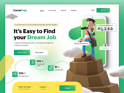 Curvetree - Job finder - Landing Page Exploration banner design creative design design dribbble best shot green ui job finder landing page responsive ui ux webdesigner