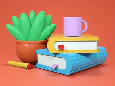 BOOKS 3d 3d design 3d designer art books branding cinema 4d coctus cup design graphic design green illustration notebook paper pencil plant purple tea yellow