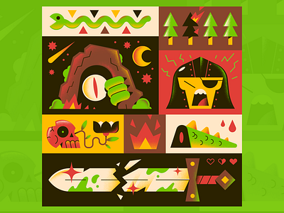 01. Cave · #Peachtober character collage dragon fire flat flower freelance gradients illustration illustrator knight mosnter pattern peachtober peachtober22 skull snake spot illustrations sword vector