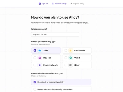 Account Creation Flow - Account Setup Questionnaire account creation community platform figma fold headings form multi select product design purple questionnaire saas sign up stepped flow ui design ui ux violet web