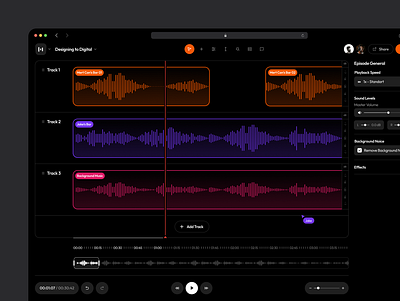 Podcast Editor 🎤 audio audio editor dark dark mode dashboard design edit editor interface panel tool ui ux
