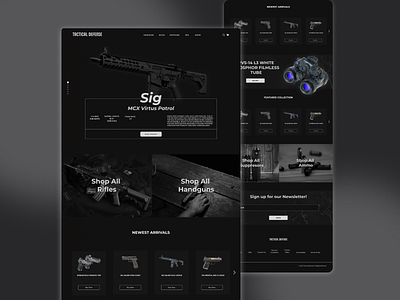 Gun Shop Desktop Design - Tactical Defense black and white black and white design branding graphic design gun gun shop guns illustration logo modern night vision pistol rifle suppressor typography ui ui design ux ux design web design