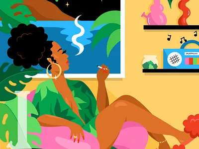 Miss MaryJane 420 art black girl character flat illustration good vibes illustration kush smoking tropical weed woman
