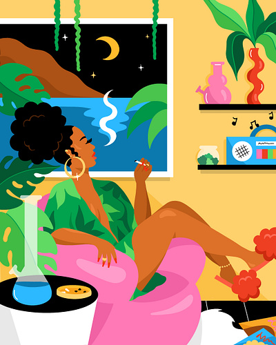 Miss MaryJane 420 art black girl character flat illustration good vibes illustration kush smoking tropical weed woman