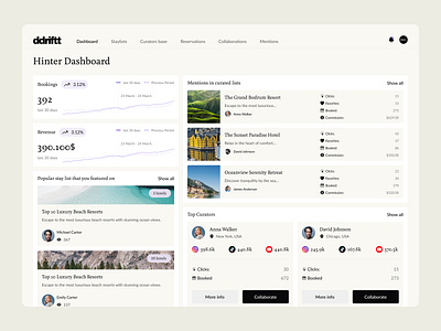 Ddriftt: Web & Mobile App for Content Creators and Hotels beige design collaboration platform content creator platform content creator tools hotel partnership platform influencer marketing influencer marketing platform luxury platform luxury travel booking marketing tool marketplace design minimalistic mobile travel tech ui web app design сreator mobile app
