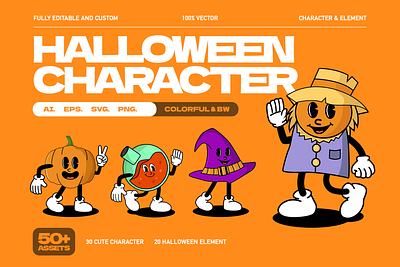 Halloween Character Set character concept design halloween instagram jack o latern pumpkin retro character straw hat trick or treat