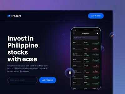 Tradely Landing Page app branding finance fintech landing page no code startups stocks trade trading ui ui design ux ux design visual design web design webflow website design