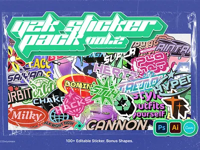 Y2K Sticker Pack Vol.2 80s 90s brand canva sticker concept design illustration retro vibes text style y2k sticker